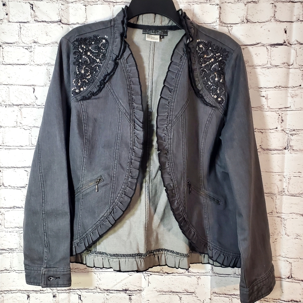 City Girl Nancy Bolen Embellished Open Front Denim Jacket Size M